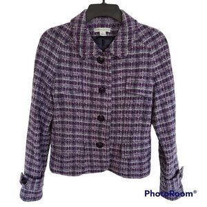 Pendleton Wool Blazer Cropped Purple Plaid Tweed 100% Virgin Wool Size 6